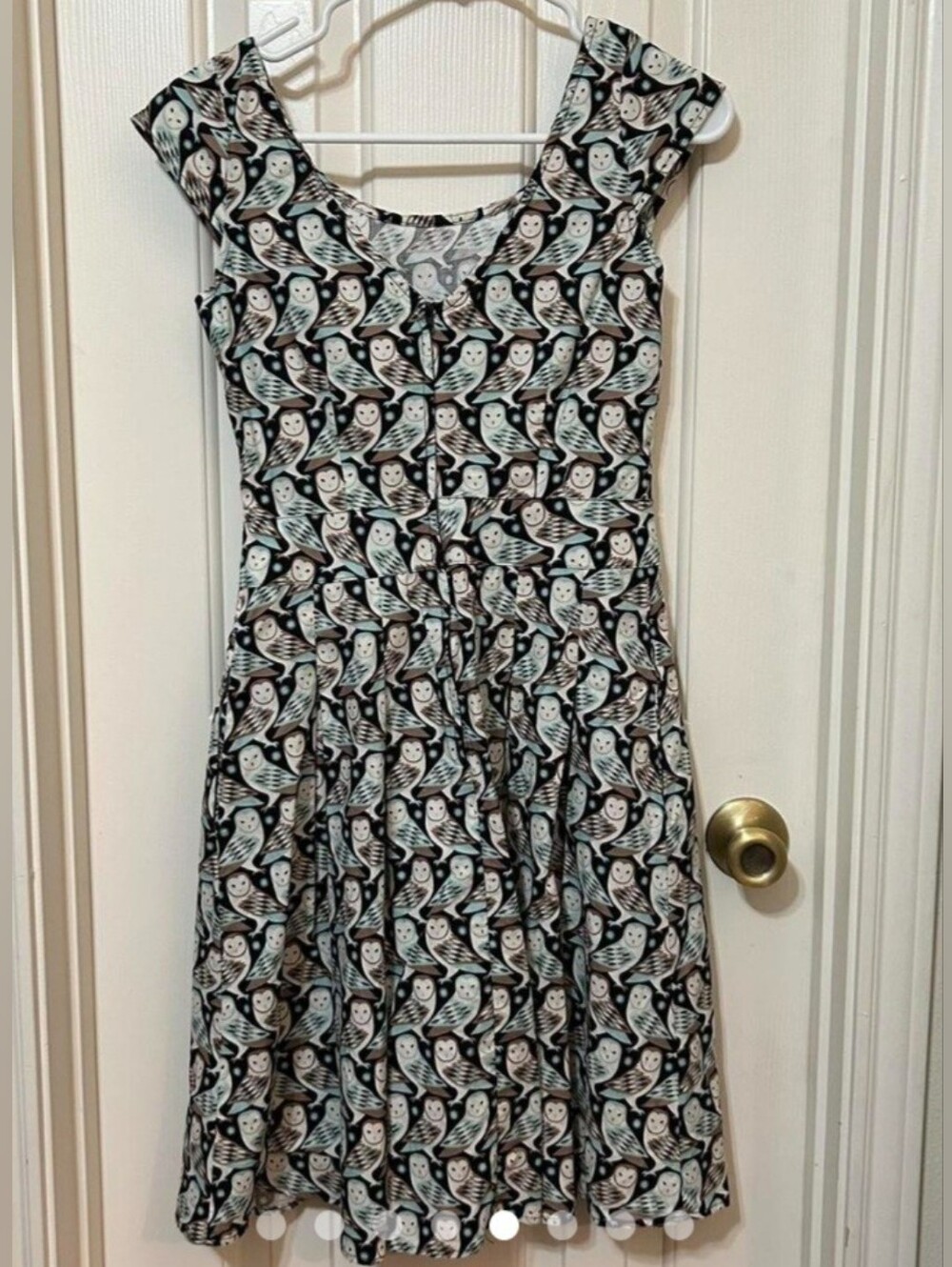 Retrolicious Owl Print Cream, Black & Tan Print Sleeveless Fit-and-Flare Dress - Picture 4 of 8